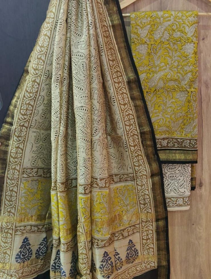 Cream & Yellow Flower Print Maheshwari Silk Suit Unstitched with Silk Dupatta