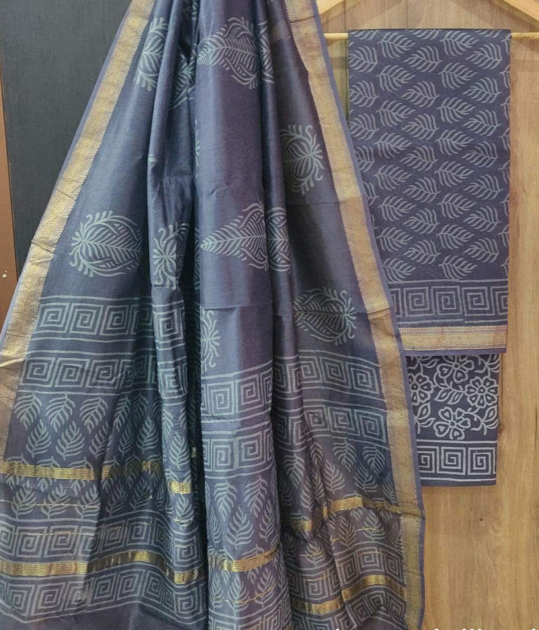 Blue Leaf Print Maheshwari Silk Suit Unstitched with Silk Dupatta