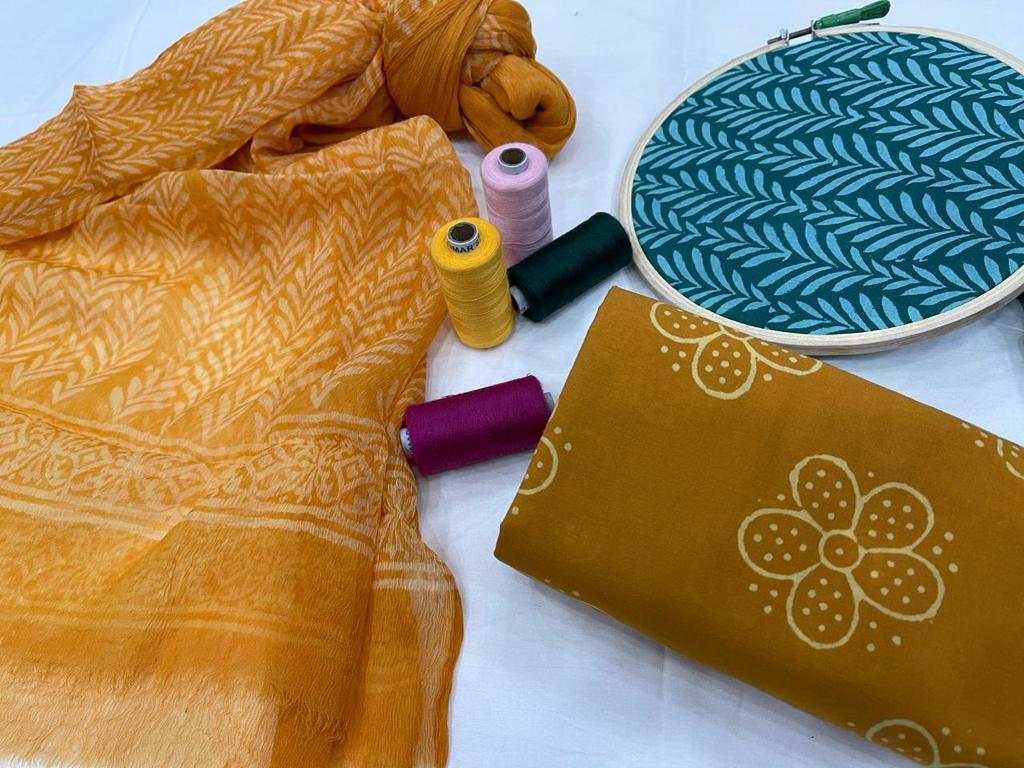 Multicolor Leaf Print Cotton Unstitched Suit Set with Chiffon Dupatta