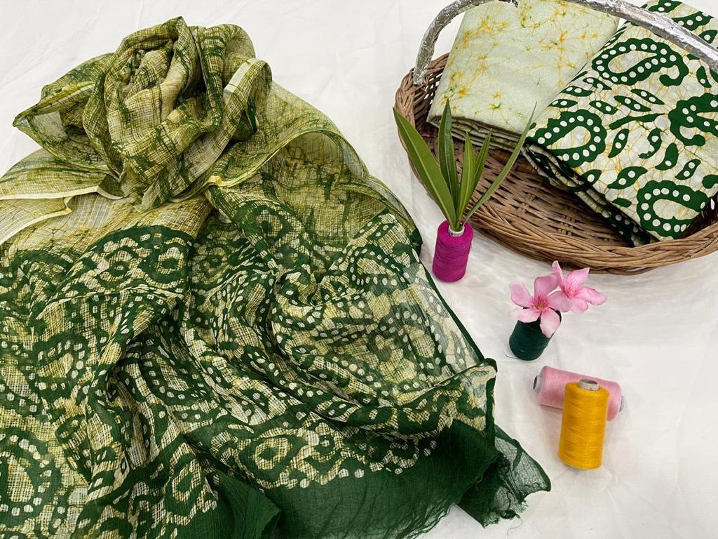 Dark Green Flower Print Cotton Suit Set with Kota Doria Dupatta