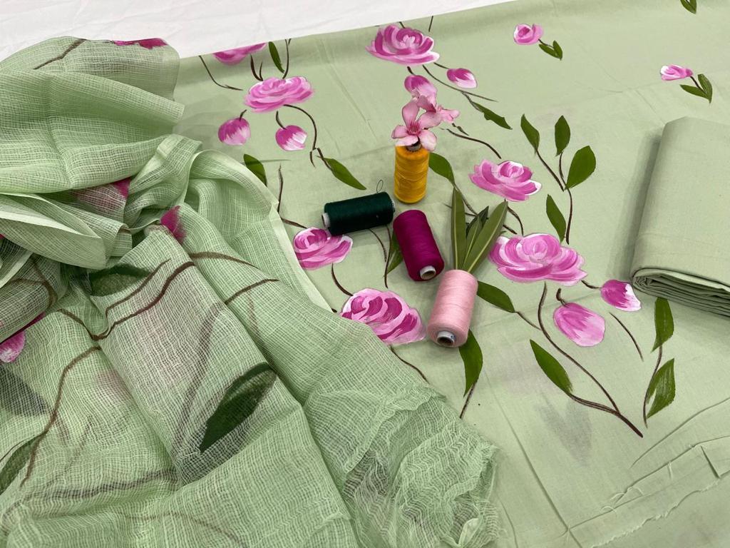 Green Flower Print Cotton Suit Set with Kota Doria Dupatta