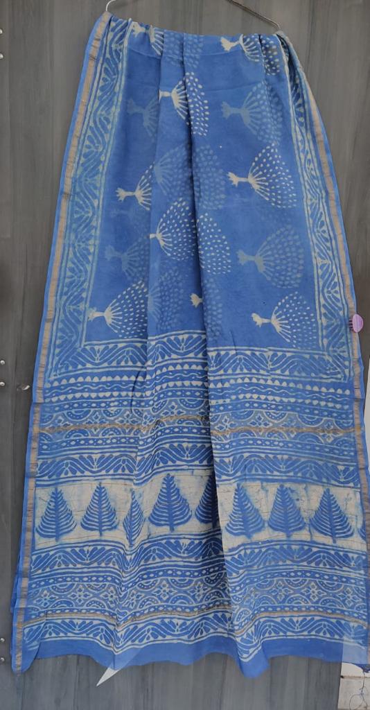 Blue Leaf Print Chanderi Saree with Blouse
