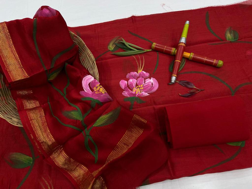 Red Flower Print Maheshwari Silk Suit Unstitched with Silk Dupatta