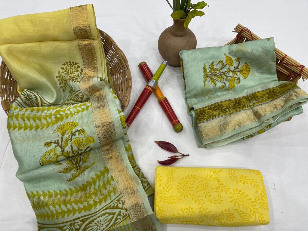 Sea Green  Flower Print Maheshwari Silk Suit Unstitched with Silk Dupatta