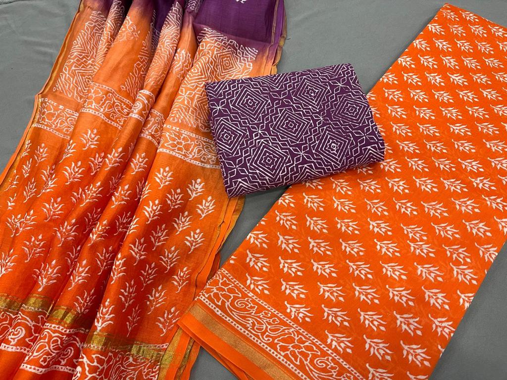 Orange Flower Print Chanderi Unstitched Suit Set with Cotton Bottom