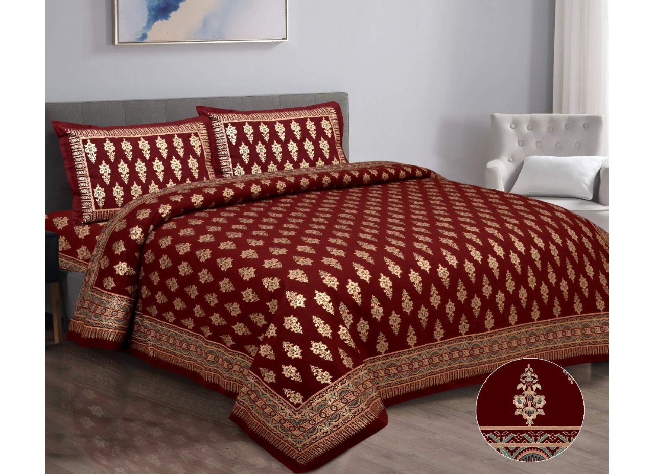 Designer Red Gold Booti Printed XL king Size Pure Cotton Bed Sheet