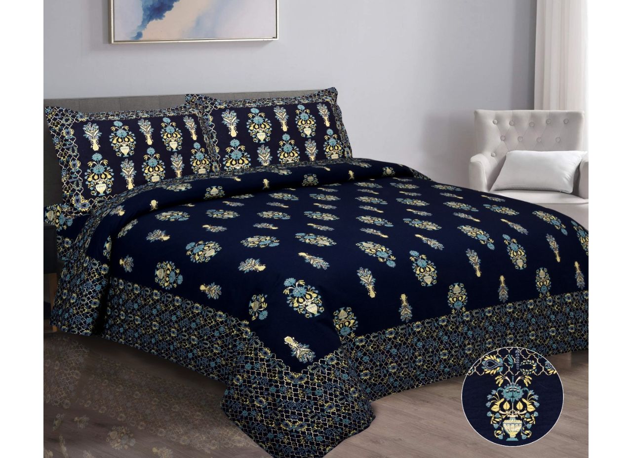 Designer Blue Gold Boota  print XL king Size Pure Cotton Bed Sheet