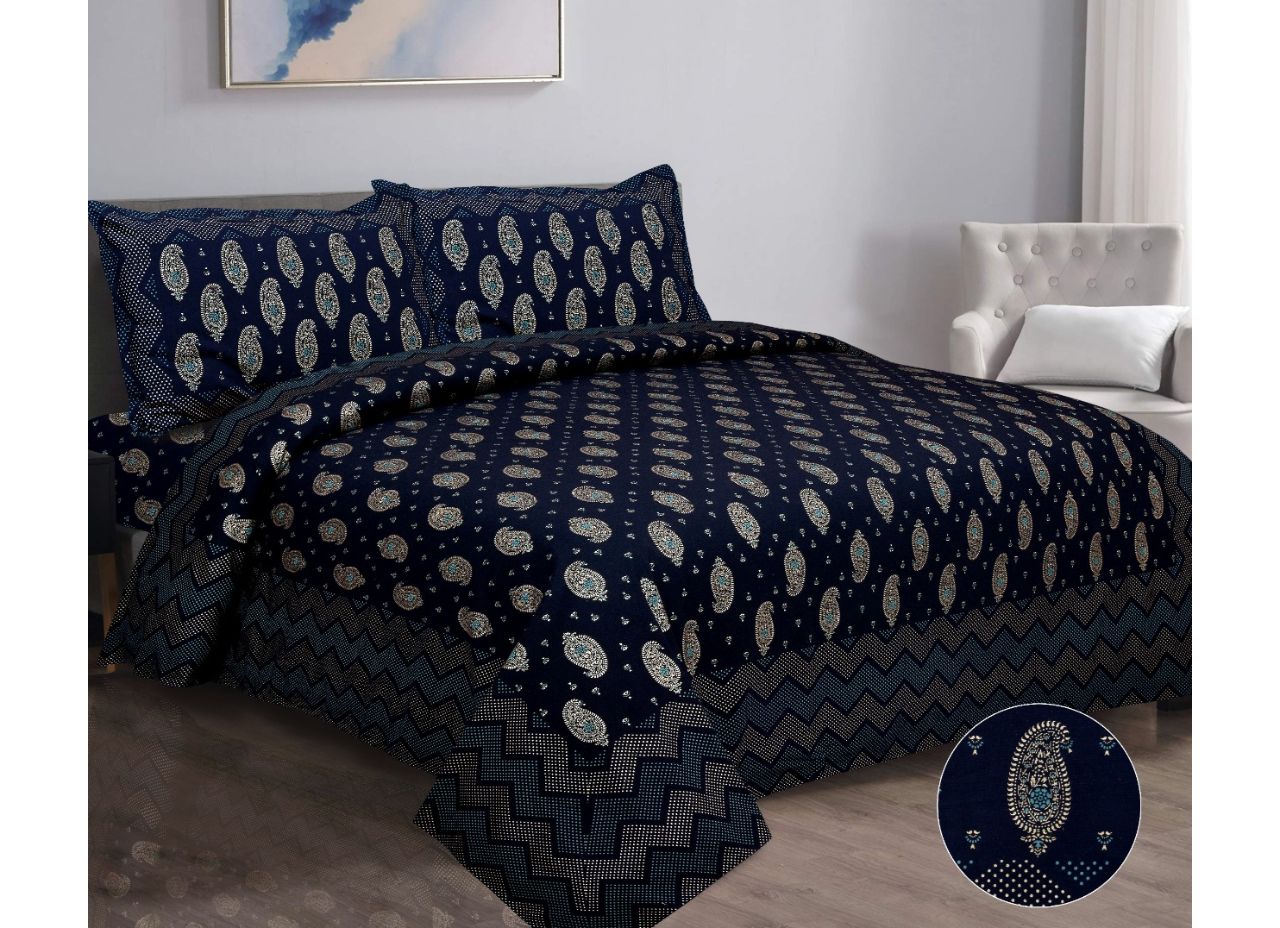 Designer Gold Printed Blue Boota  XL king Size Pure Cotton Bed Sheet