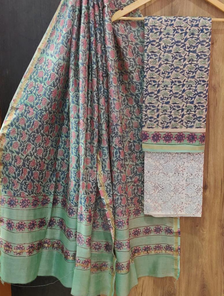 Blue & Green Flower Print Chanderi Unstitched Suit Set with Chanderi Dupatta