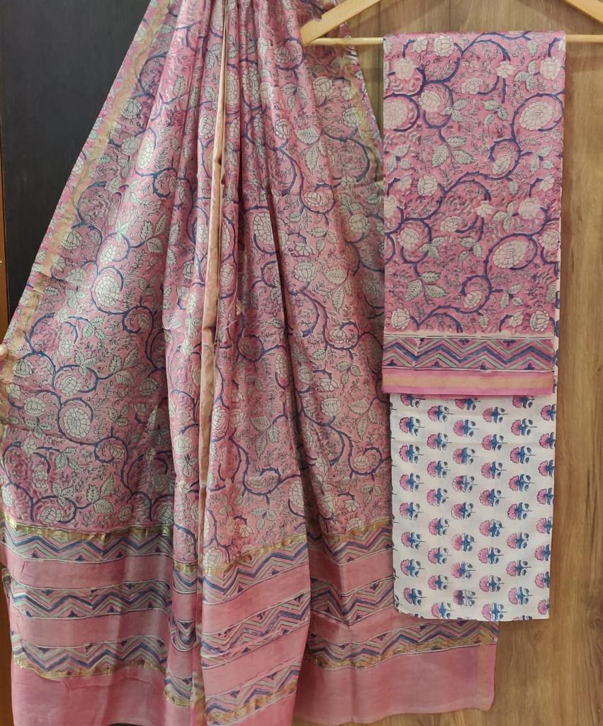Pink Flower Print Chanderi Unstitched Suit Set with Chanderi Dupatta