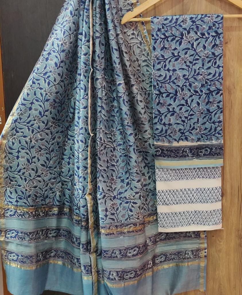 Blue Flower Print Chanderi Unstitched Suit Set with Chanderi Dupatta