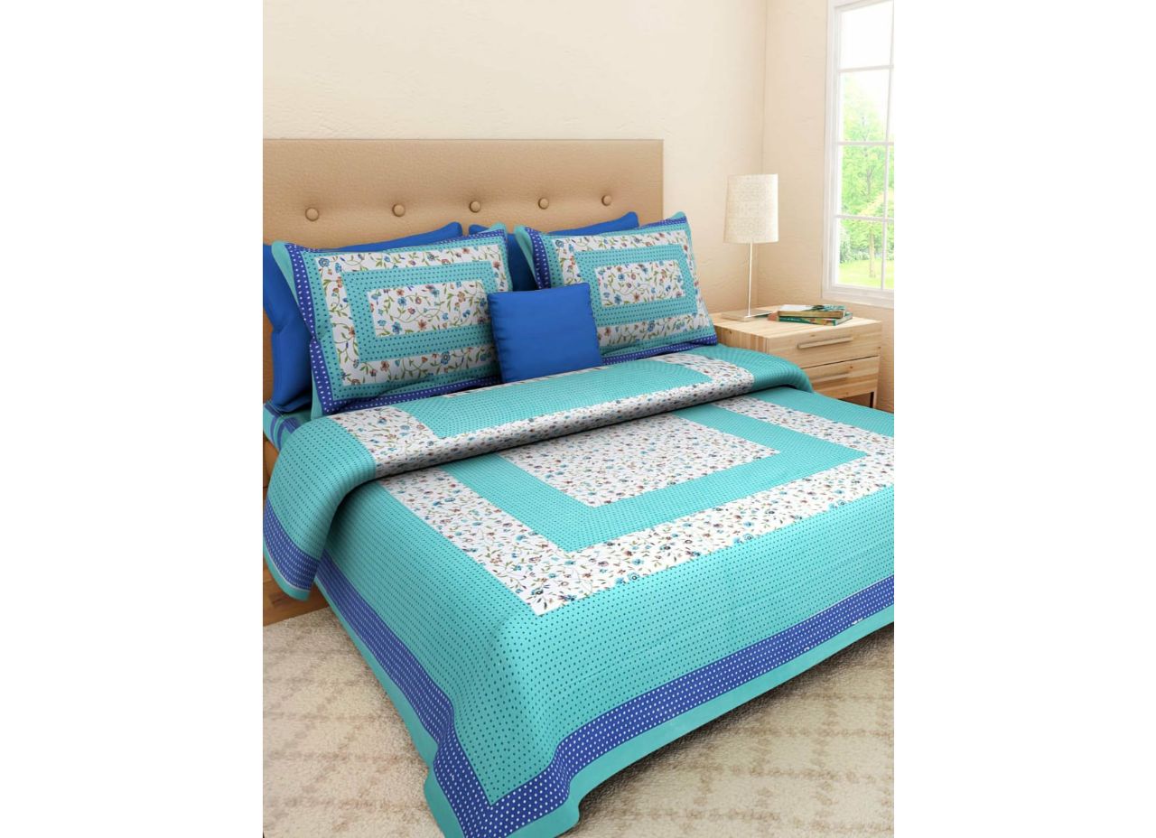Beautiful Traditional Blue and Turquoise Flower Print King Size Cotton Bed Sheet