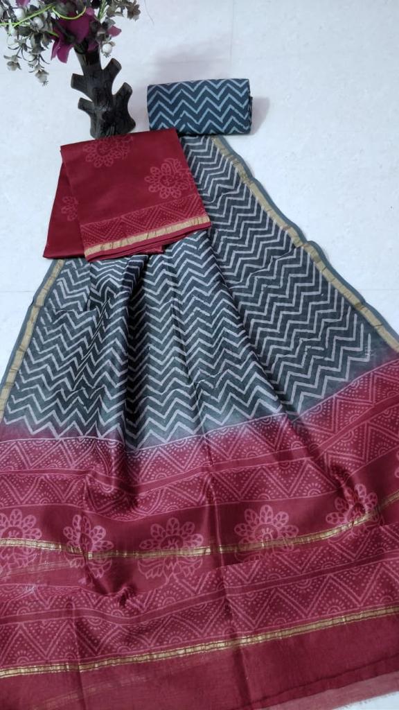 Maroon & Gray Stripes Chanderi Silk Unstitched Suit Set with Chanderi Silk Dupatta