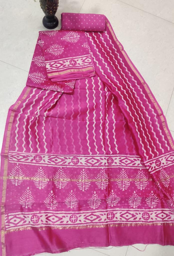 Pink Stripes Chanderi Silk Unstitched Suit Set with Chanderi Silk Dupatta