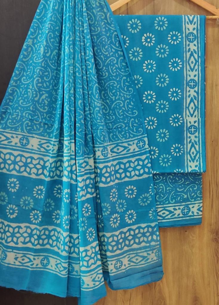 Sky Blue Flower Print Cotton Unstitched Suit Set with Cotton Dupatta