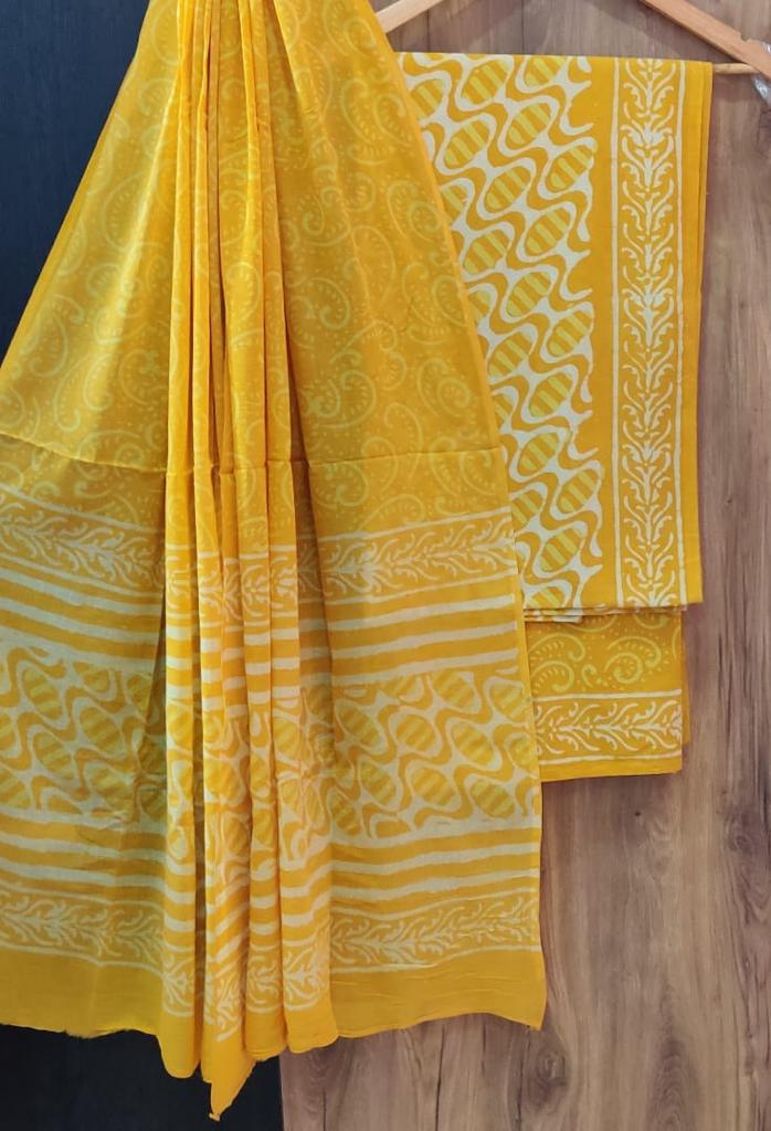Yellow Printed Cotton Unstitched Suit Set with Cotton Dupatta