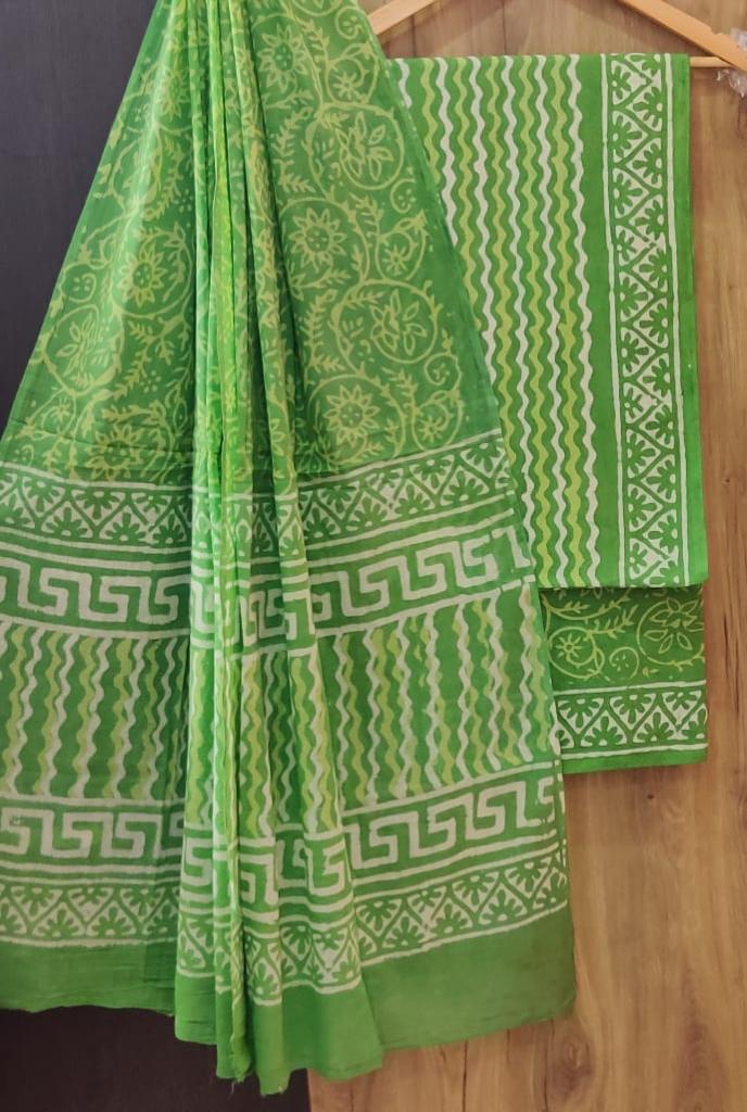 Green Stripes Print Cotton Unstitched Suit Set with Cotton Dupatta