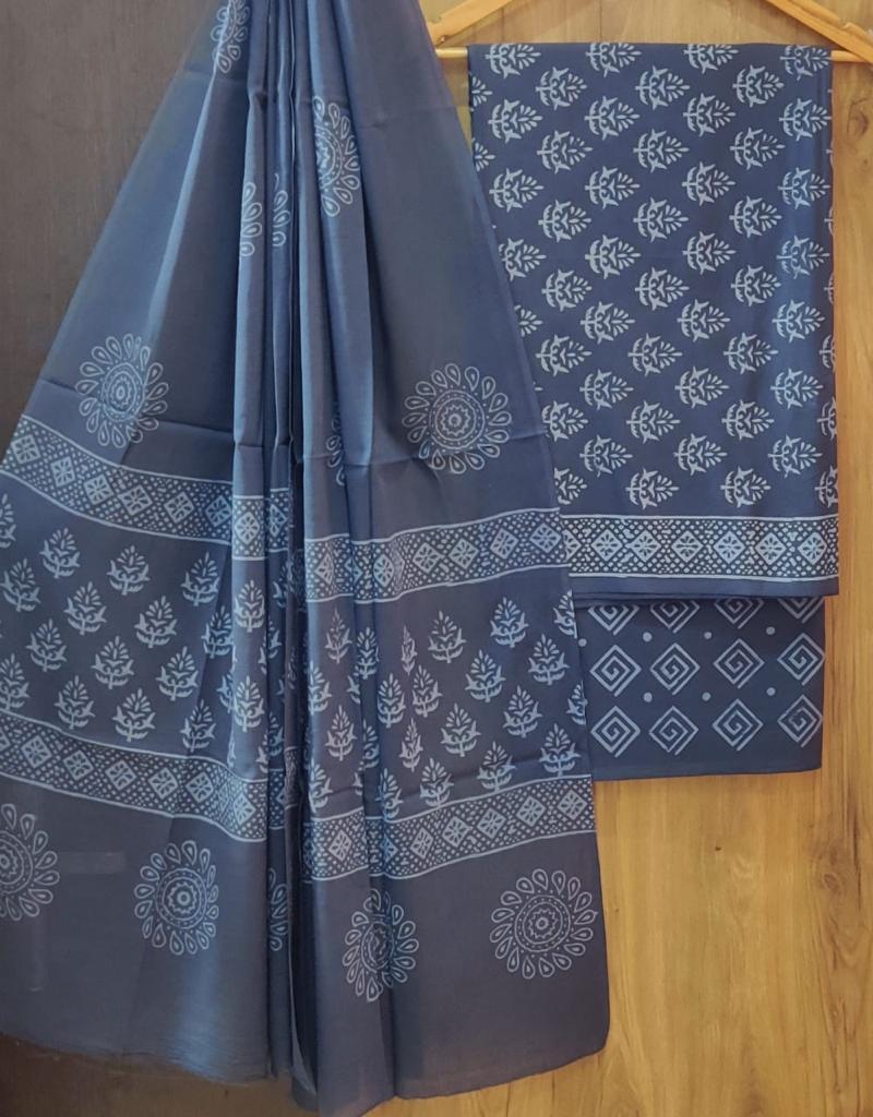 Dark Blue Flower Print Cotton Unstitched Suit Set with Cotton Dupatta