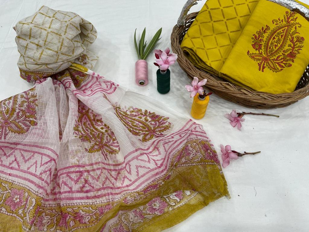 Yellow & Pink Flower Print Cotton Unstitched Suit Set with Kota Silk Dupatta