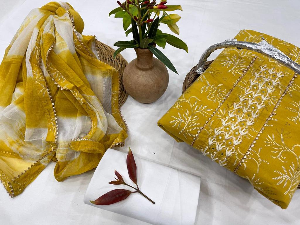 Yellow Flower Print Gota Work Cotton Unstitched Suit Set with Chiffon Dupatta