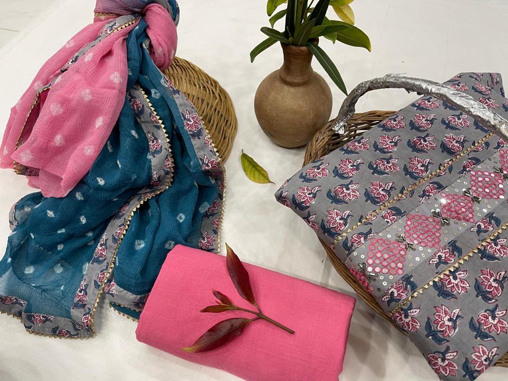 Gray & PInk Flower Print Gota Work Cotton Unstitched Suit Set with Chiffon Dupatta