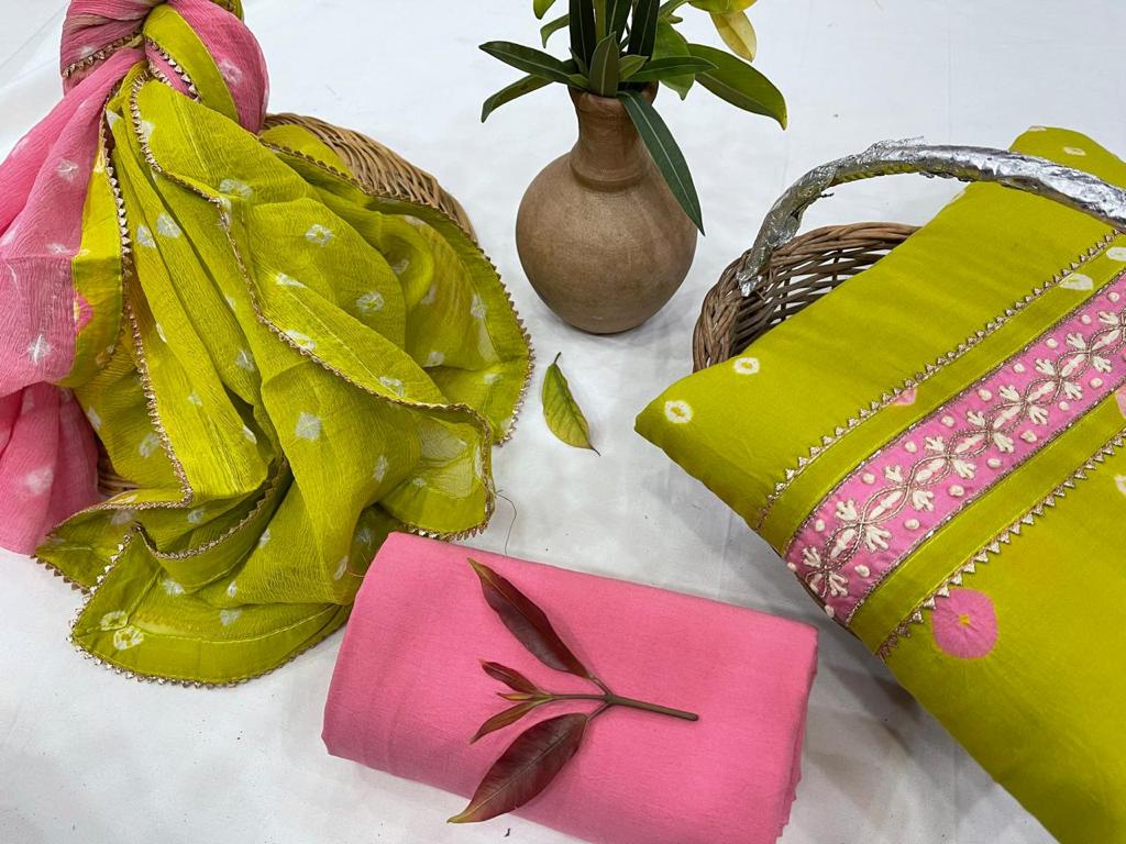 Pink & Green Flower Print Gota Work Cotton Unstitched Suit Set with Chiffon Dupatta
