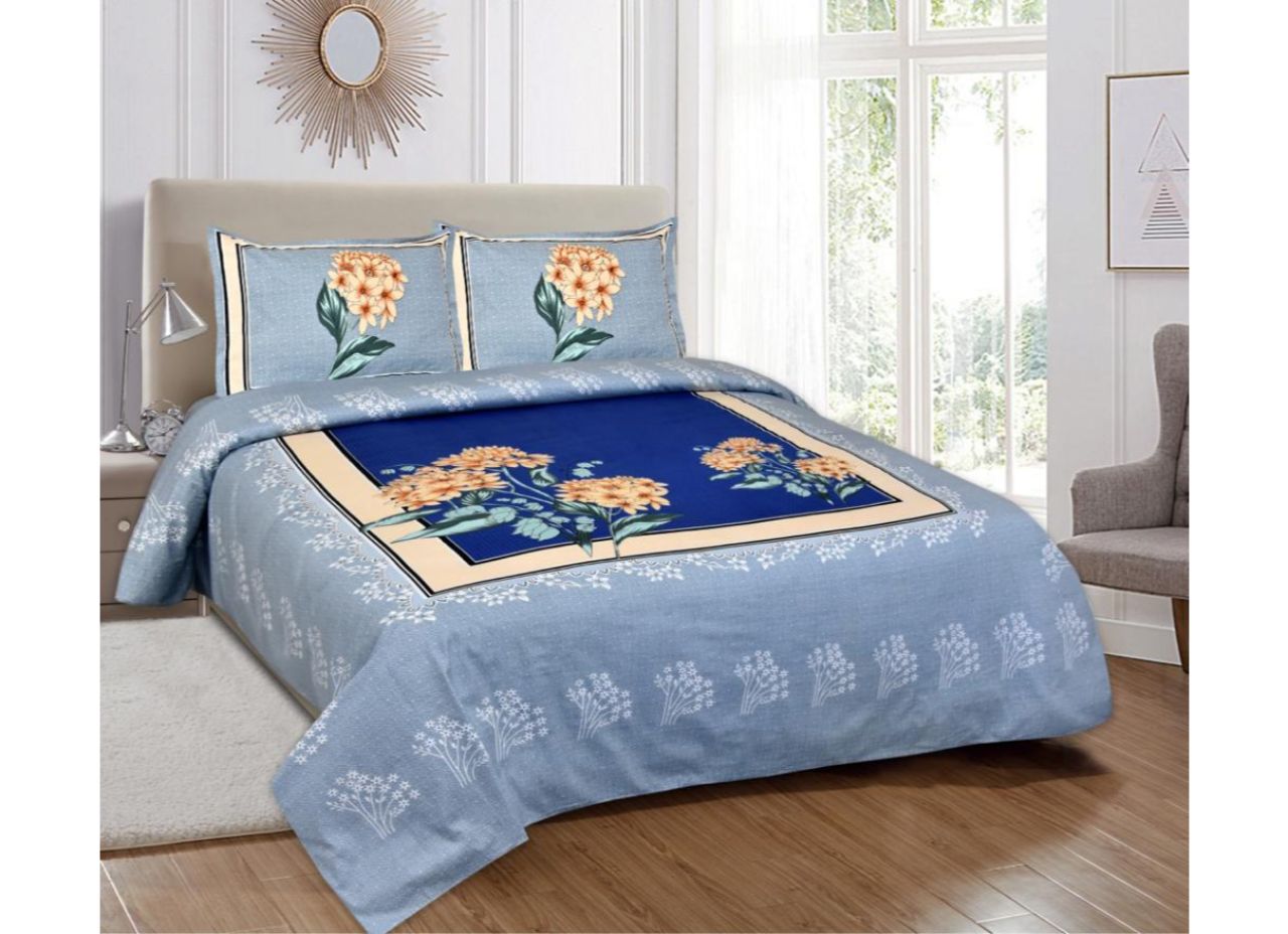Very Beautiful Blue base Orange flower Print King Size Cotton Bed Sheet