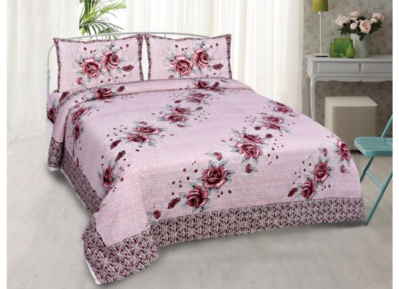 Beautiful Light Pink Base with Pink Flower Print King Size Cotton Bed Sheet