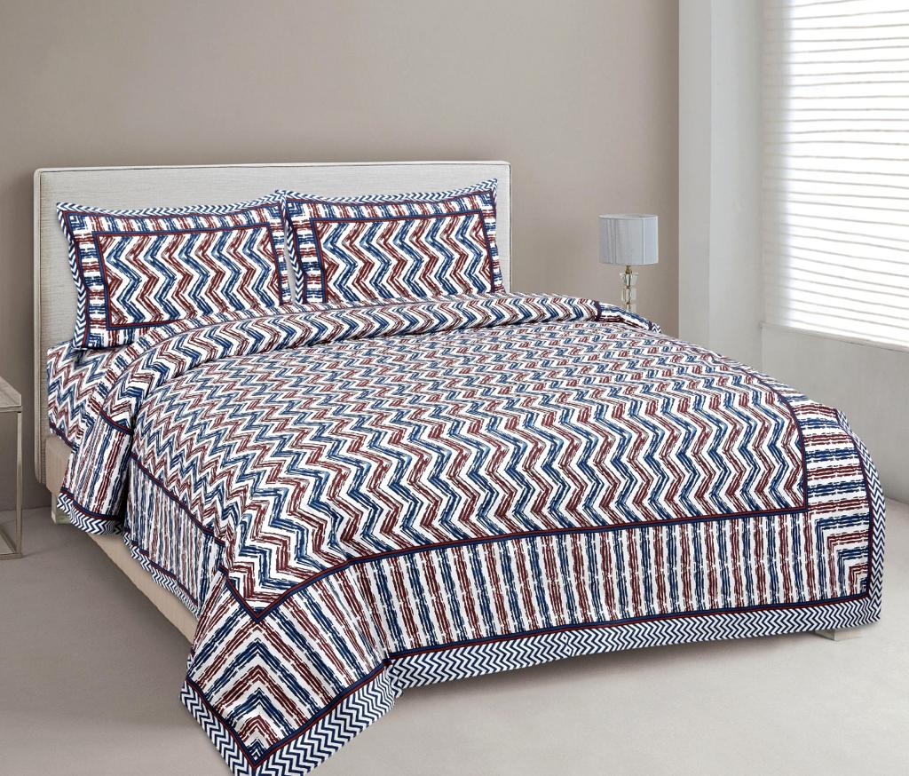 Very Trendy Blue and Maroon Zig Zag Pattern Print King Size Cotton Bed Sheet