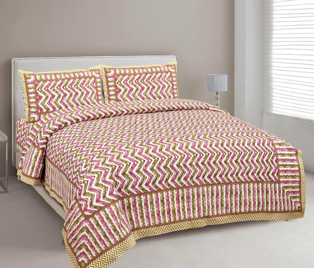 Very Trendy Pink and Mustered Zig Zag Pattern Print King Size Cotton Bed Sheet