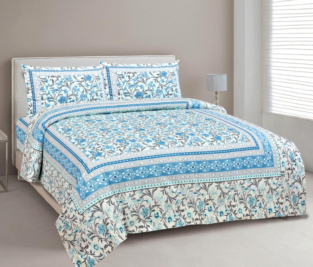 Beautiful Sky Blue Base Multi Color Flower Print King Size Cotton Bed Sheet