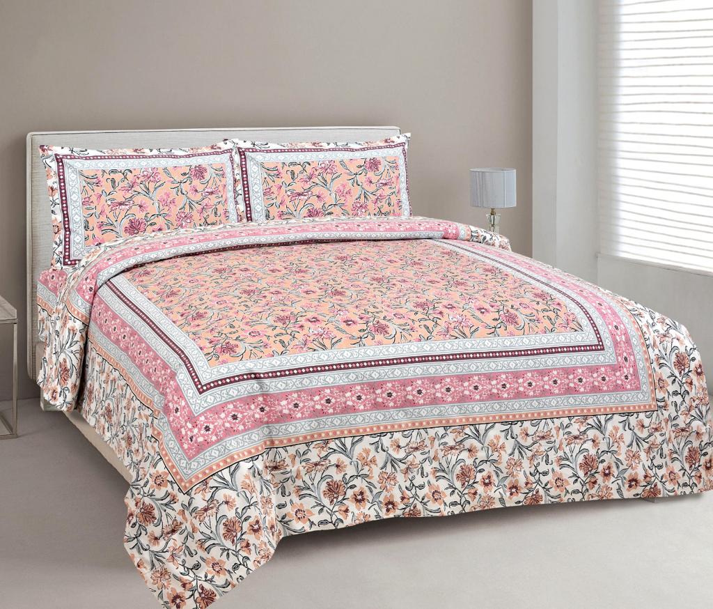 Beautiful Peach Base Multi Color Flower Print King Size Cotton Bed Sheet