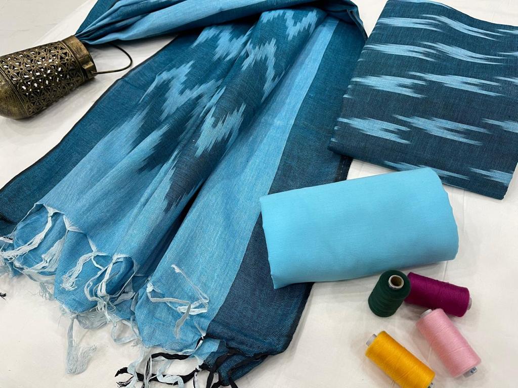 Blue Handloom Weaving Ikat Unstitched Suit Set With Ikat Dupatta