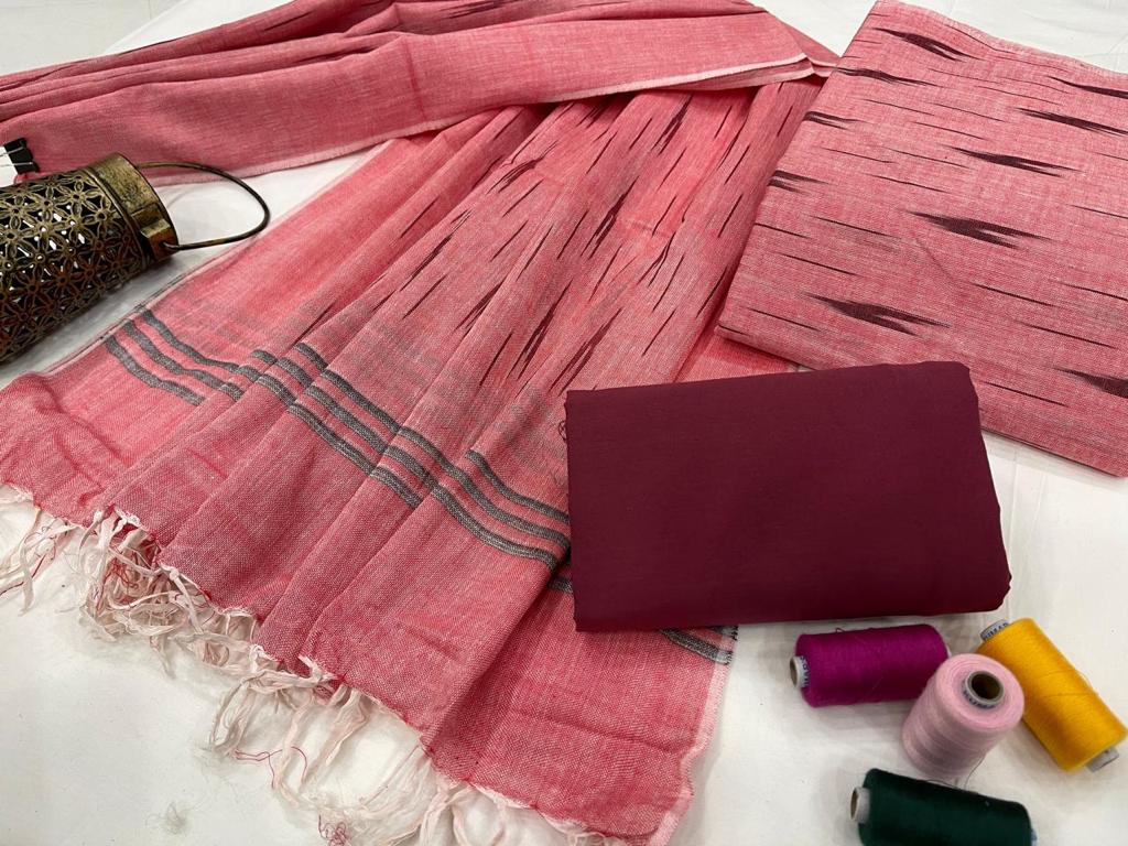 Pink Handloom Weaving Ikat Unstitched Suit Set With Ikat Dupatta