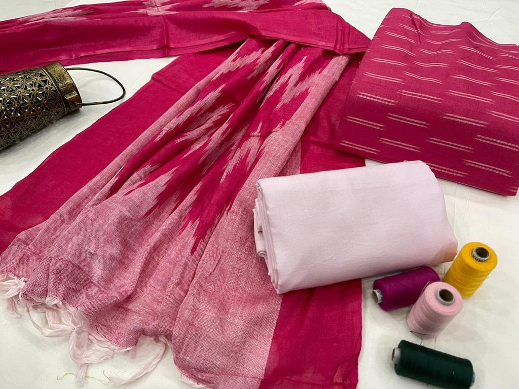 Dark Pink Handloom Weaving Ikat Unstitched Suit Set With Ikat Dupatta