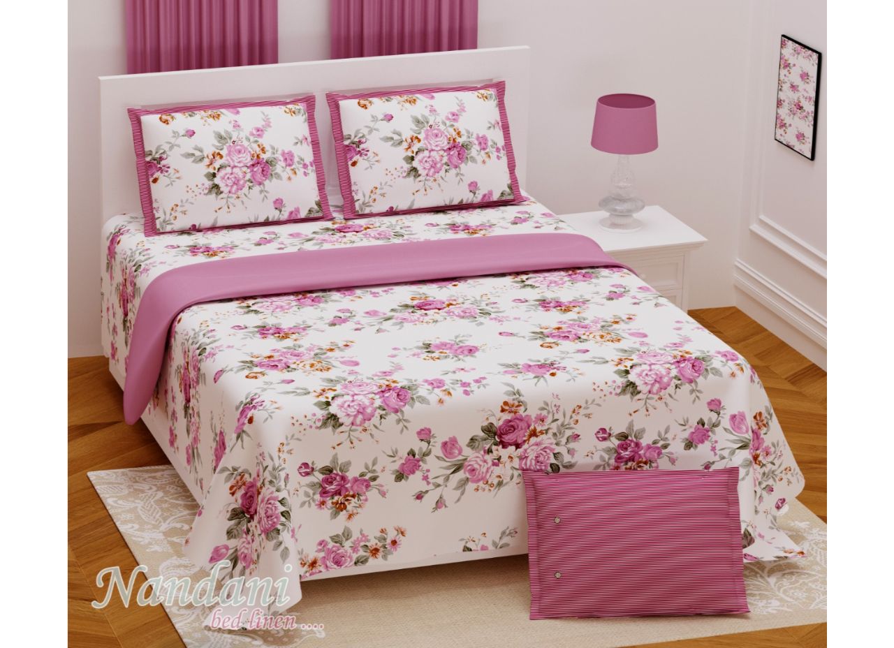 Pink Border Peach Base Multi color Flower Print 108*108, XXL Size Premium Cotton Bed Sheet
