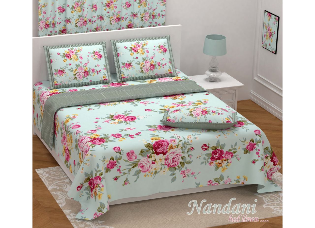 Mint Green Border Multi color Flower Print 108*108, XXL Size Premium Cotton Bed Sheet