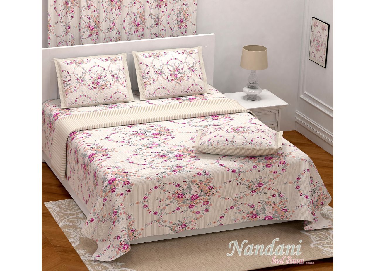 Beige Border Multi Flower Print 108*108, XXL Size Premium Cotton Bed Sheet With Satin Stripes