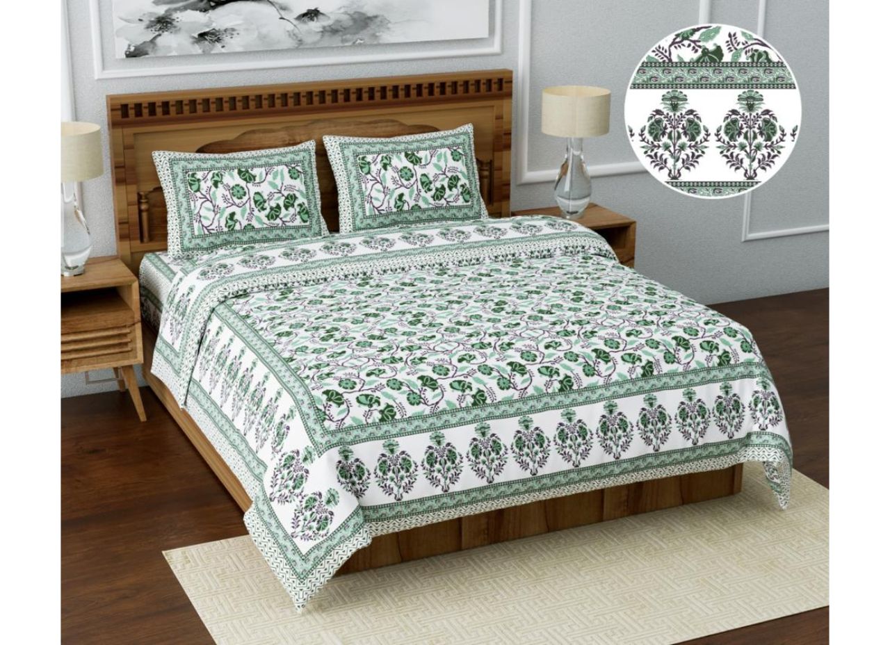 White Base Green Border All Over Flower Print XXL 108*108 King Size Pure Cotton Bed Sheet