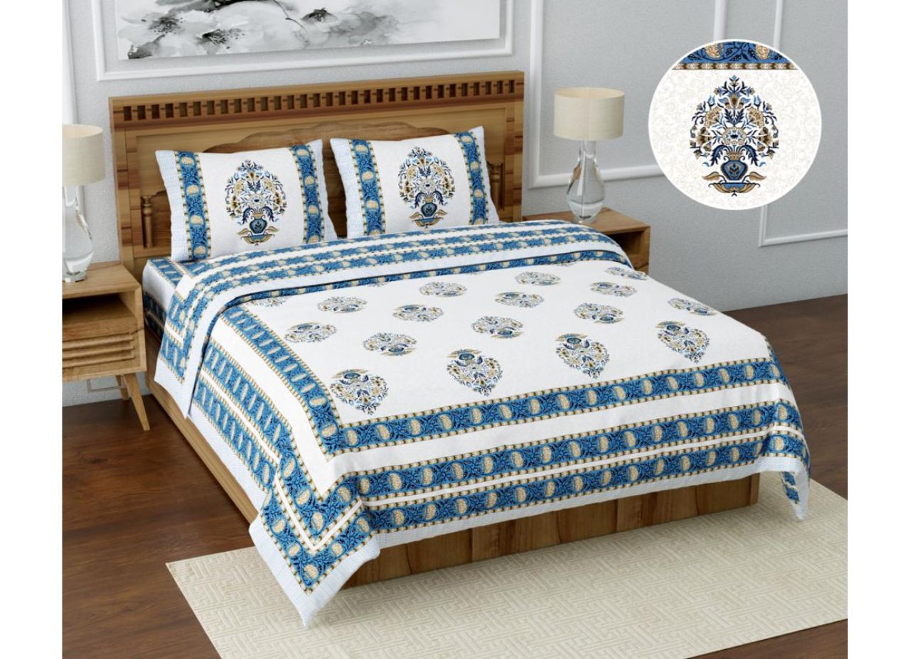 Beautiful Jaipuri, Blue & Mustered Mughal Boota Print XXL 108*108 King Size Pure Cotton Bed Sheet