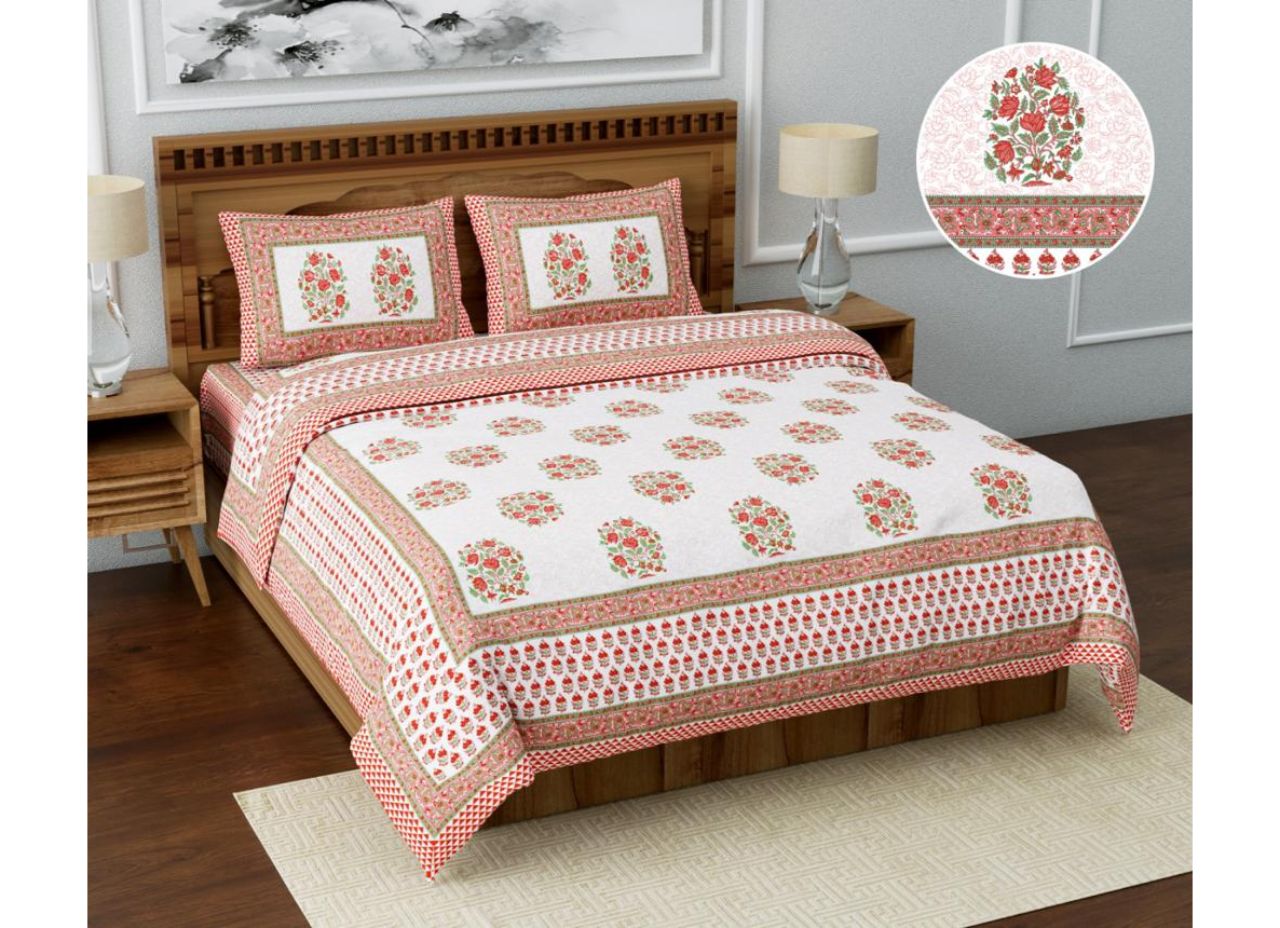 Beautiful Jaipuri, Orange Border with Big Flower Print XXL 108*108 King Size Pure Cotton Bed Sheet