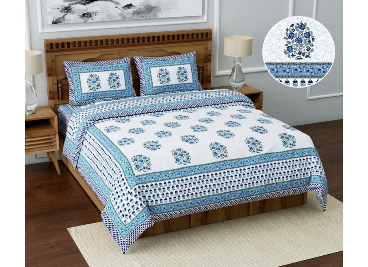 Beautiful Jaipuri, Blue Border with Big Flower Print XXL 108*108 King Size Pure Cotton Bed Sheet