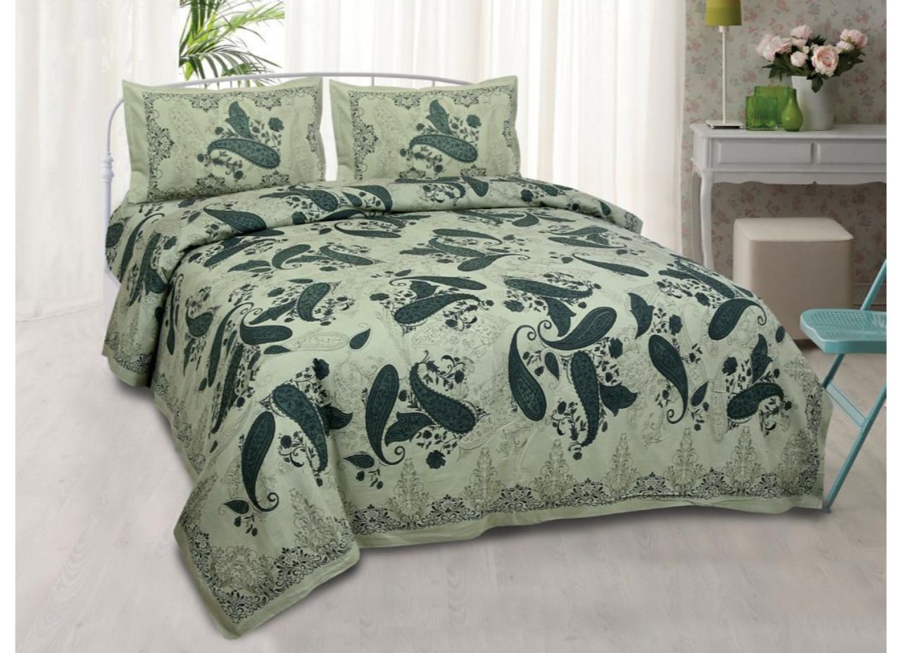 Designer Mint Green Base All Over Green Boota  Printed  XL king Size Pure Cotton Bed Sheet