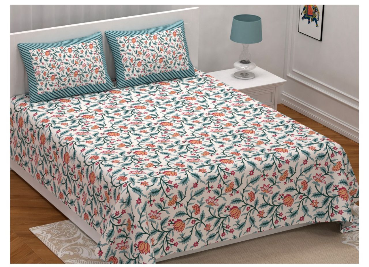 Designer Orange & Pink Flower, All Over Print King Size XL Premium Cotton Bed Sheet