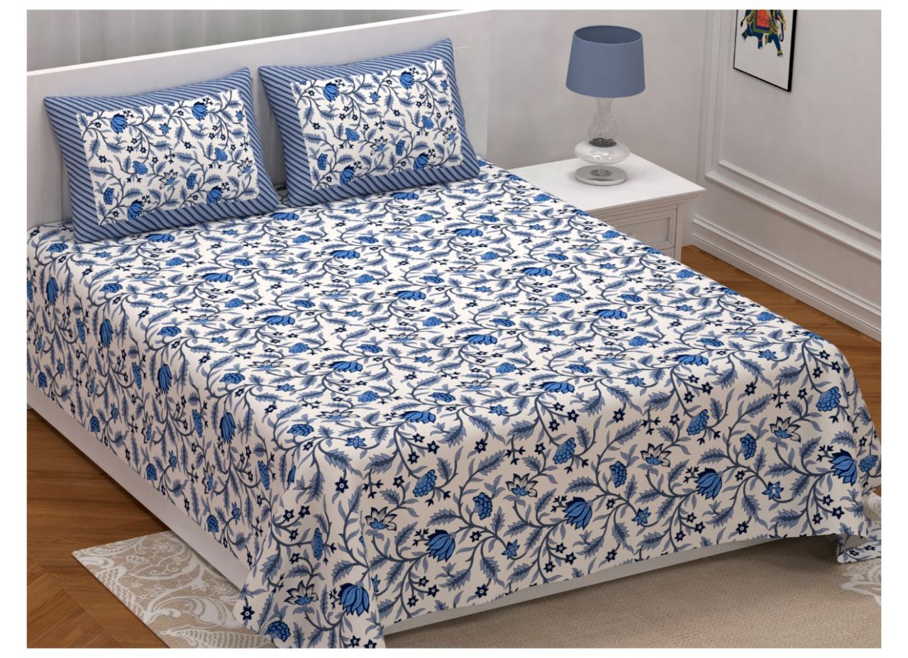 Very Beautiful & Designer All Over Blue Flower Print King Size XL Premium Cotton Bed Sheet