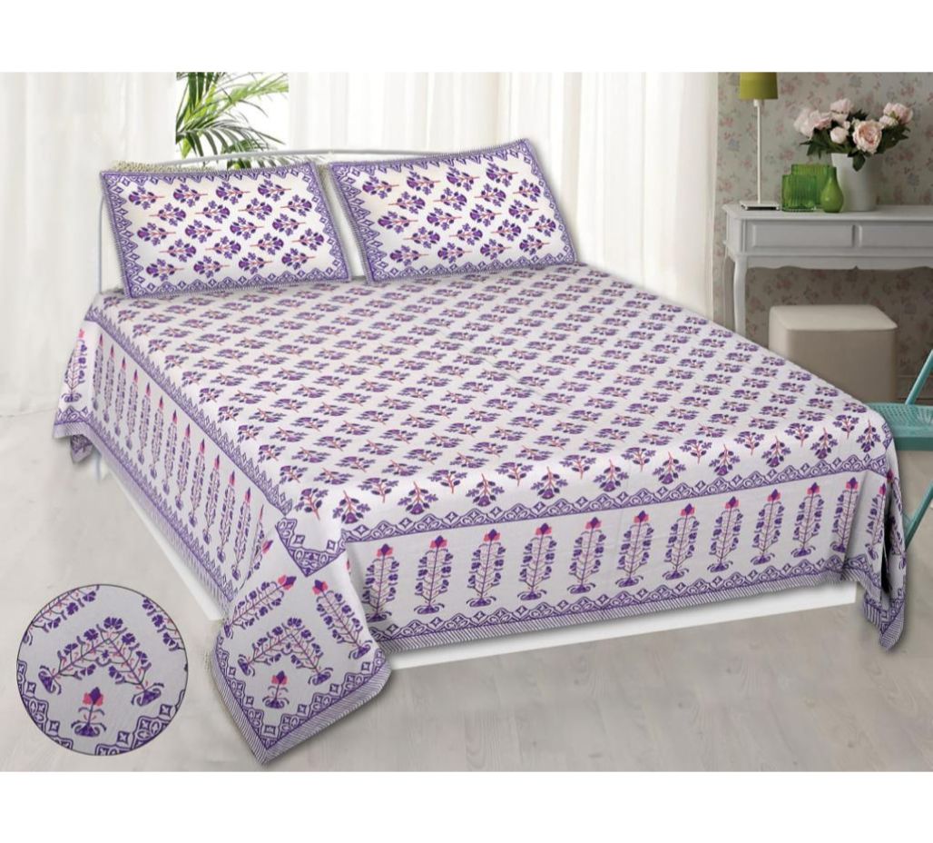 Beautiful White Base Purple Mughal Block Boota Pattern Designer King Size Pure Cotton Bed Sheet