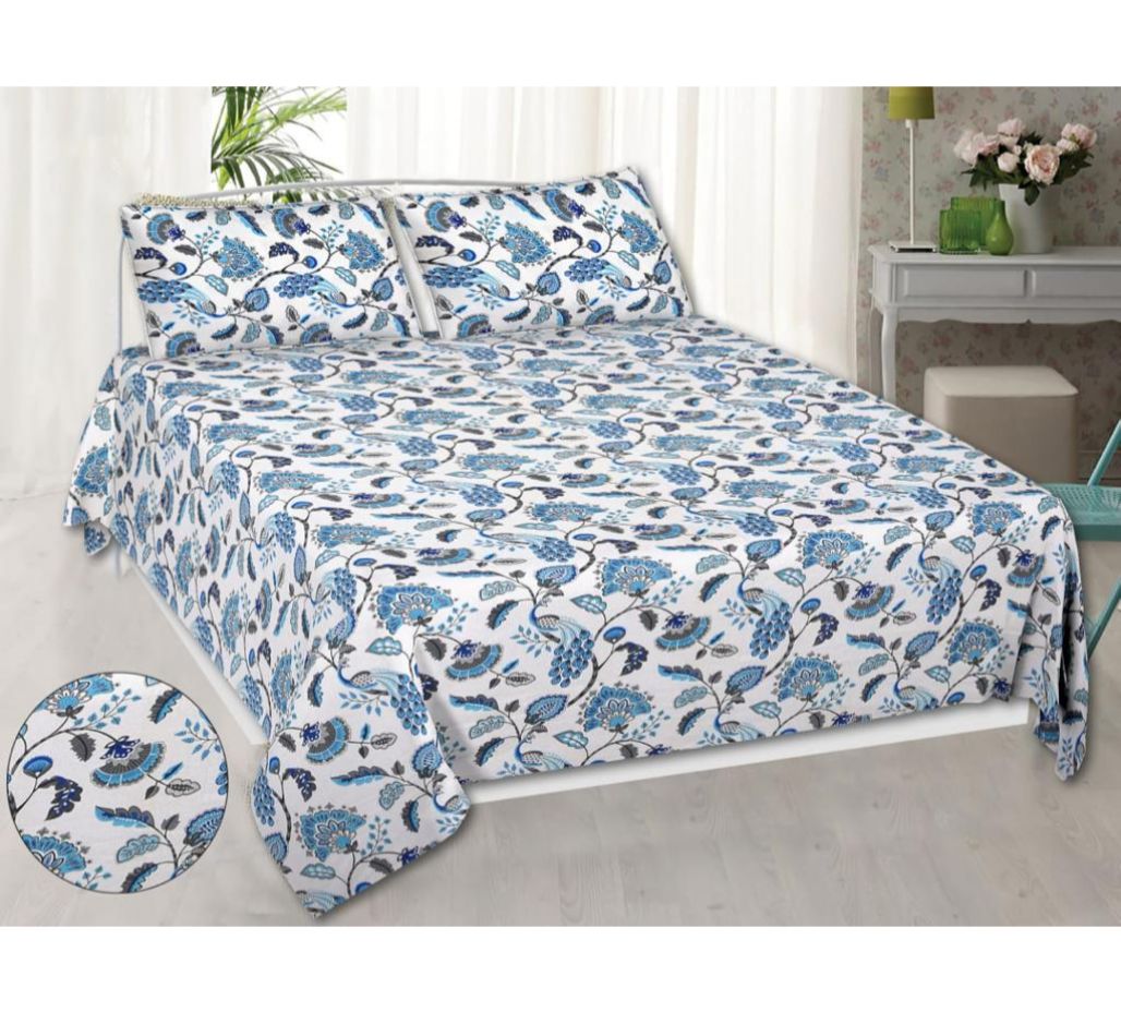 Beautiful Sky Blue  Floral Pattern Designer King Size Pure Cotton Bed Sheet