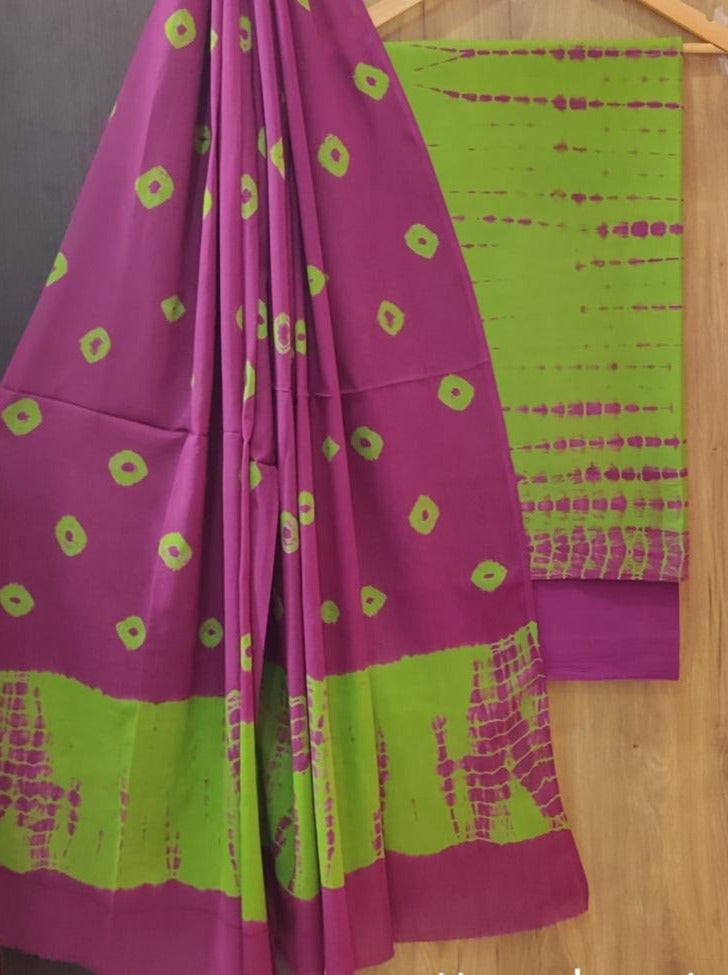 Green & Purple Abstract Print Cotton Unstitched Suit Set with Cotton Dupatta