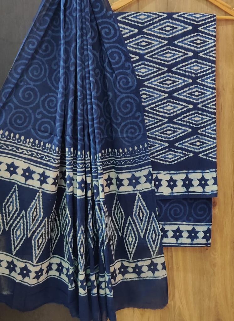 Blue Shape Print Cotton Unstitched Suit Set with Cotton Dupatta
