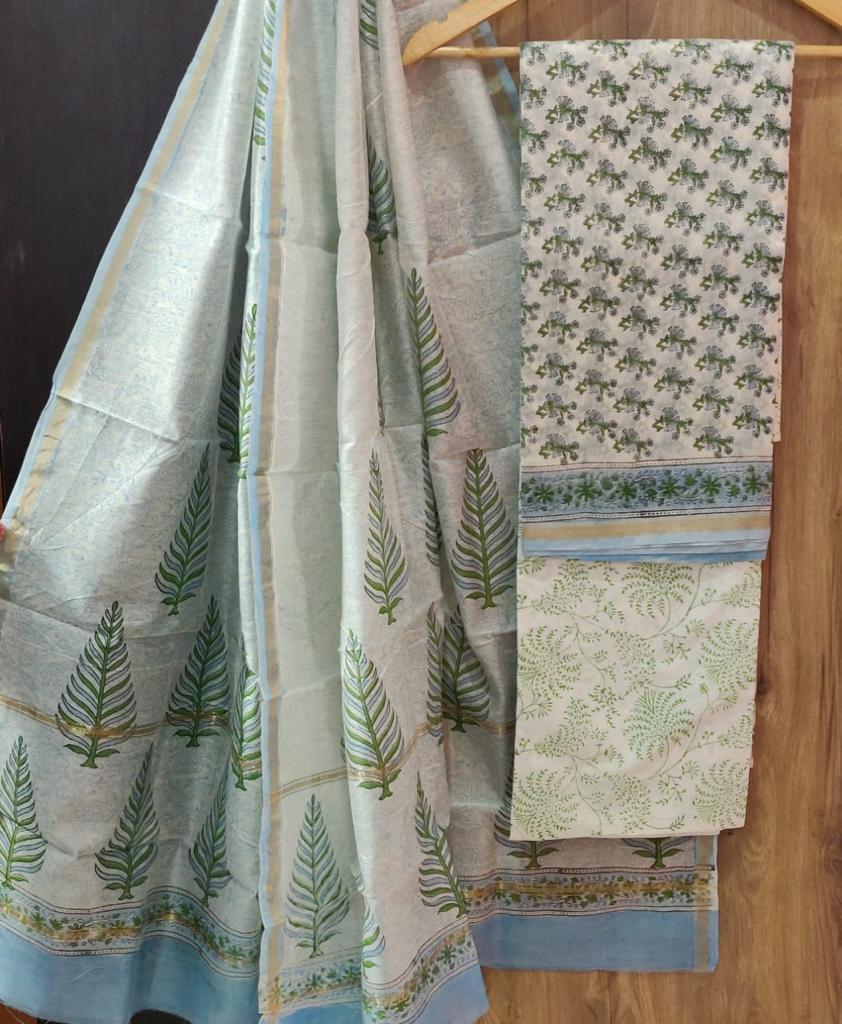 Sky Blue Leaf Print Chanderi Unstitched Suit Set with Chanderi Dupatta